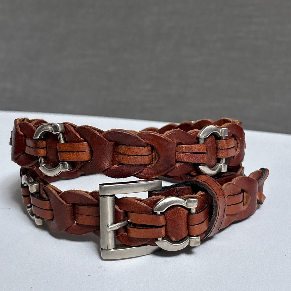 Aimee Lynn Belt M Brown Leather Brass Buckle Braided Link Horseshoe Western